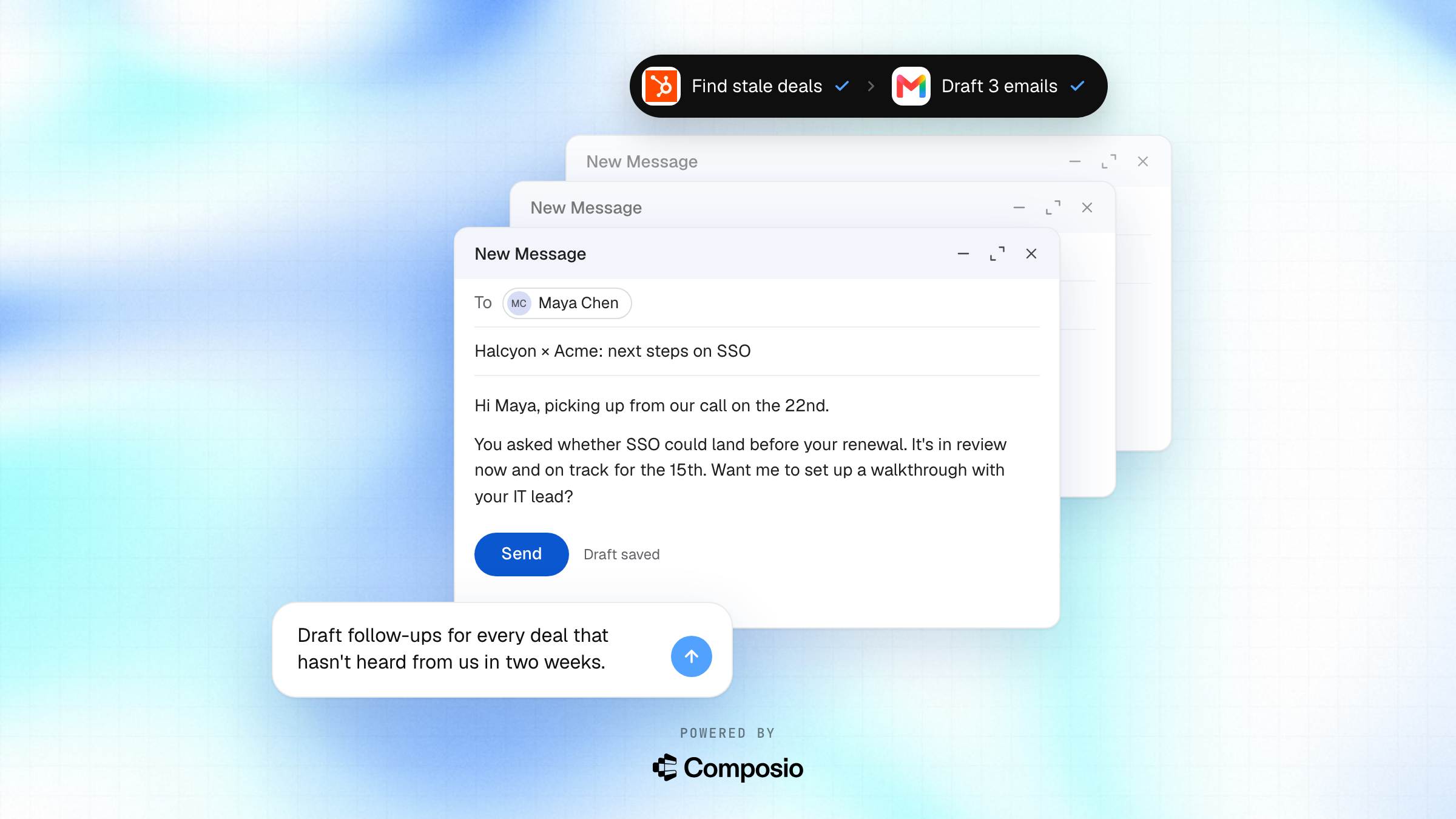 HubSpot → Gmail use-case card, fan layout