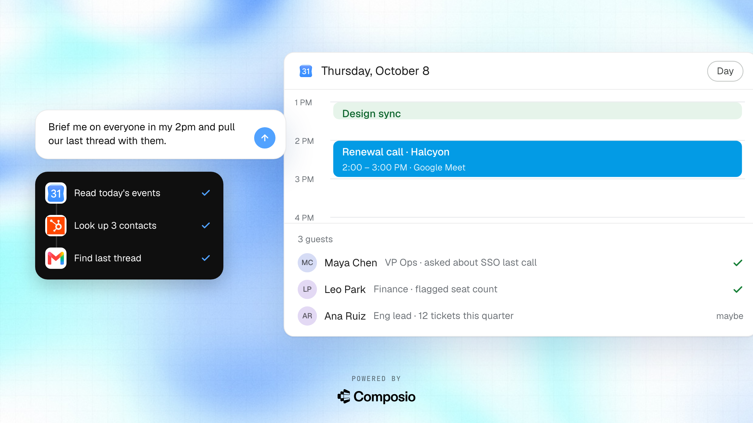 Calendar + HubSpot + Gmail use-case card, focus layout