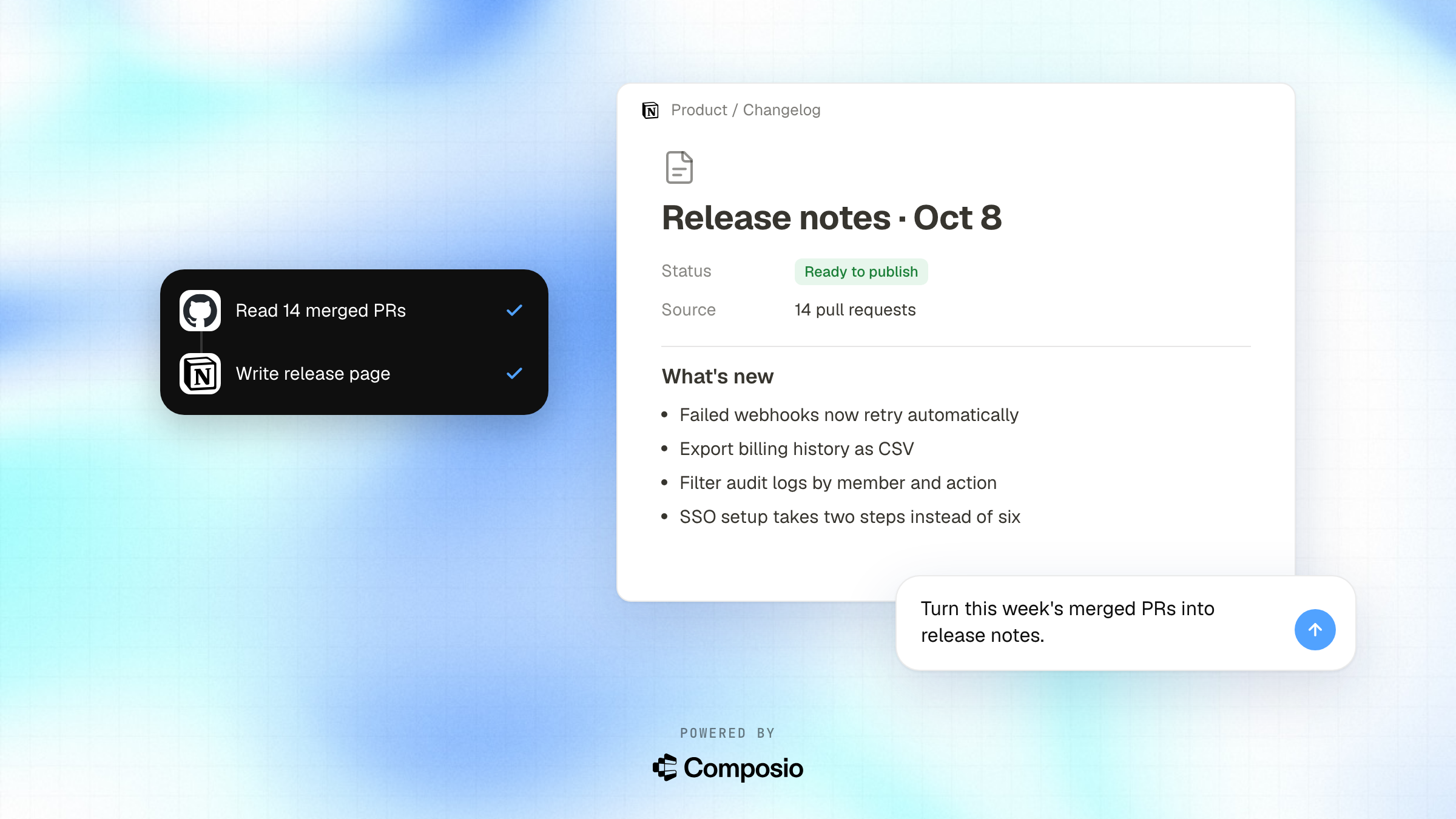 GitHub → Notion use-case card, split layout