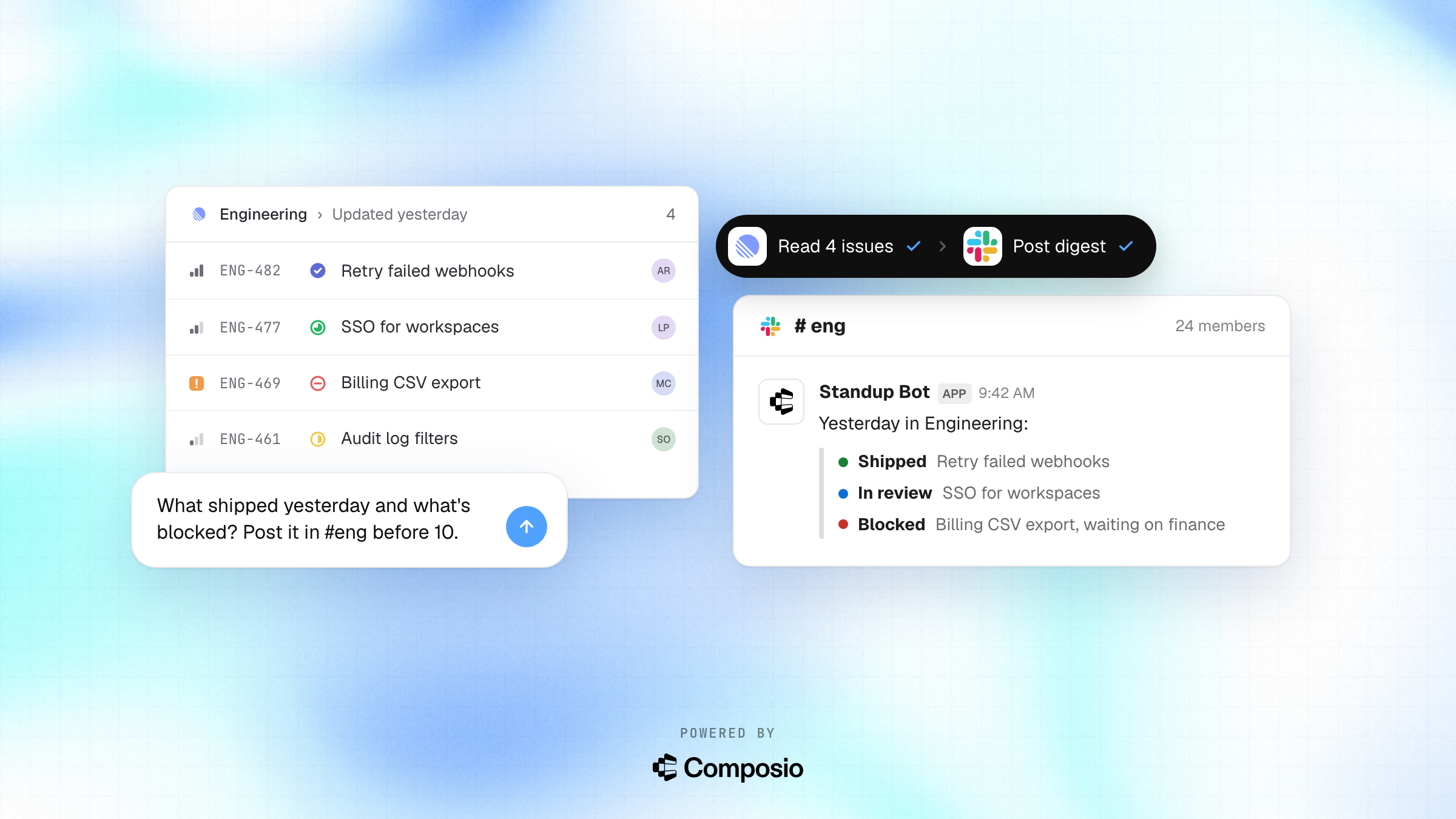Linear → Slack use-case card, flow layout